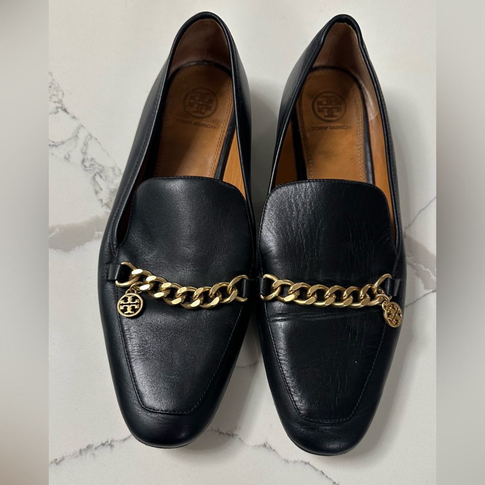 Tory Burch Black Loafers with Gold Chain